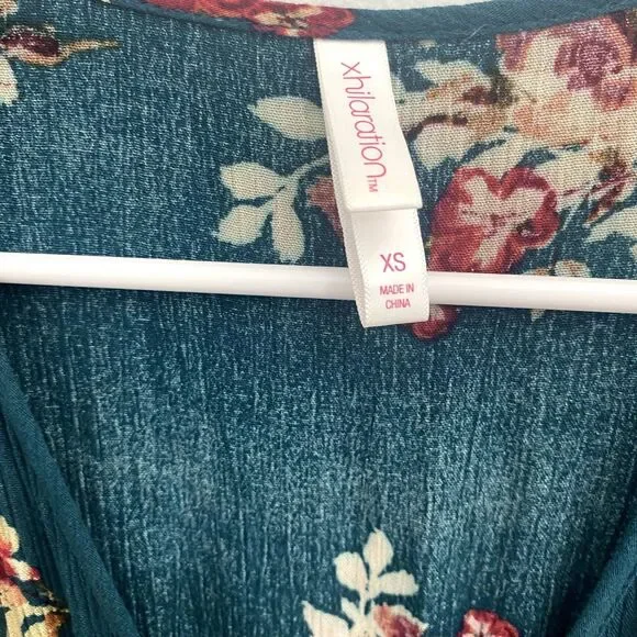 Xhilaration | Teal Floral Maxi Dress Flutter Sleeves Faux Wrap - Picture 5 of 9